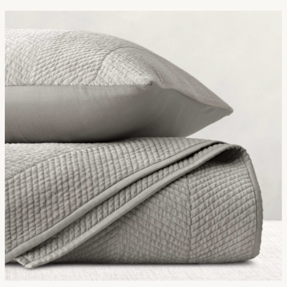 RH Restoration Hardware Velvet Chevron Stitch Coverlet King/CK RH Color Fog New